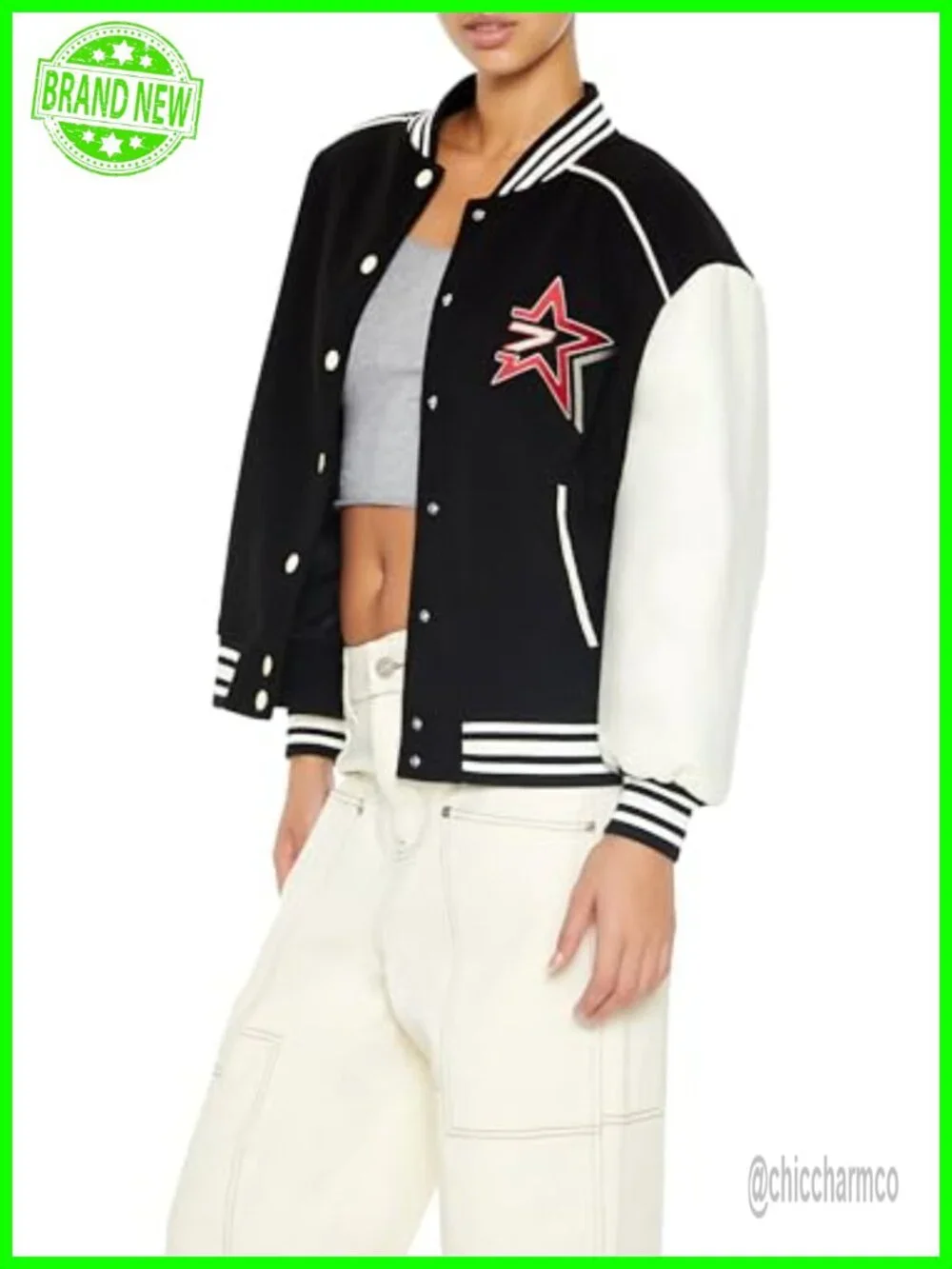 Women's Varsity Letterman Jacket Bomber Snap Front Polyester